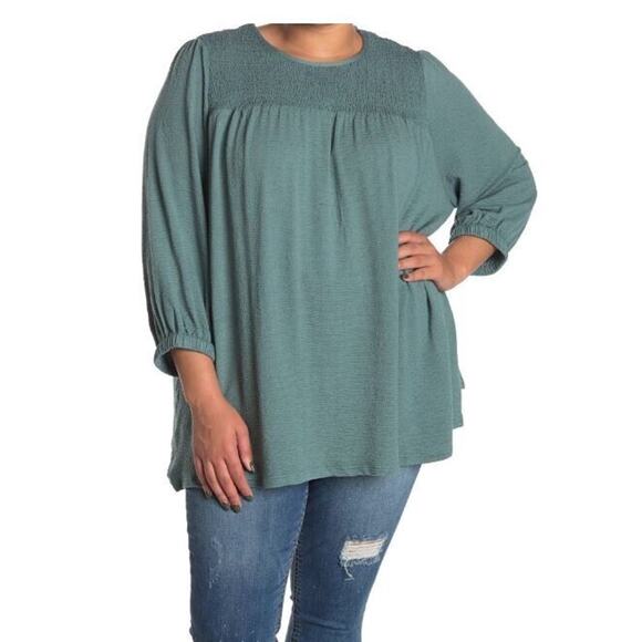 Melloday Women's Round Neck 3/4 Sleeve Smocked Textured Tunic Top in Blue Large - Picture 1 of 4